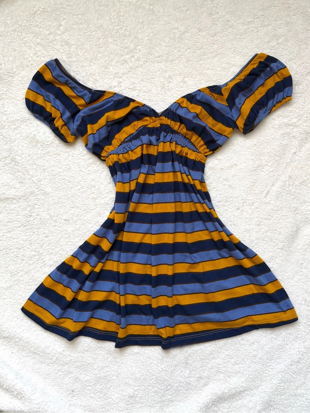 Vintage 90s Wet Seal off the shoulder Blue and Mustard Striped babydoll top